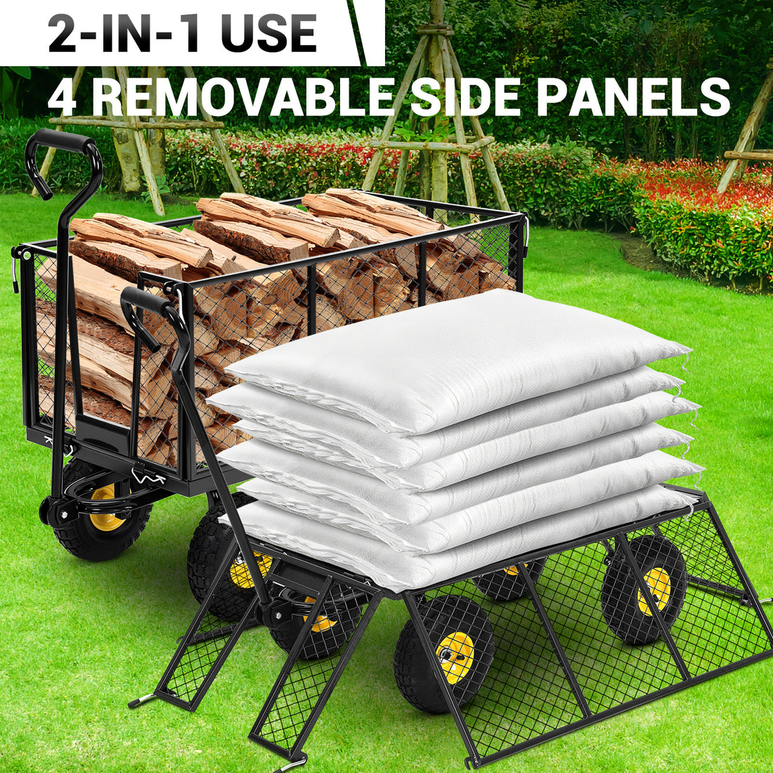 Garvee Heavy Duty Steel Garden Cart 1100 LBS Load 3-in-1 Design 10" Pneumatic Tires 180° Rotating Handle Removable Sides for Farm Yard