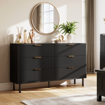 Garvee Wave Fluted 55" Wide 6-Drawer Double Dresser - Modern Wood Chest of Drawers - Metal Legs & Handles - Anti-Tip Safety for Small Spaces, Black