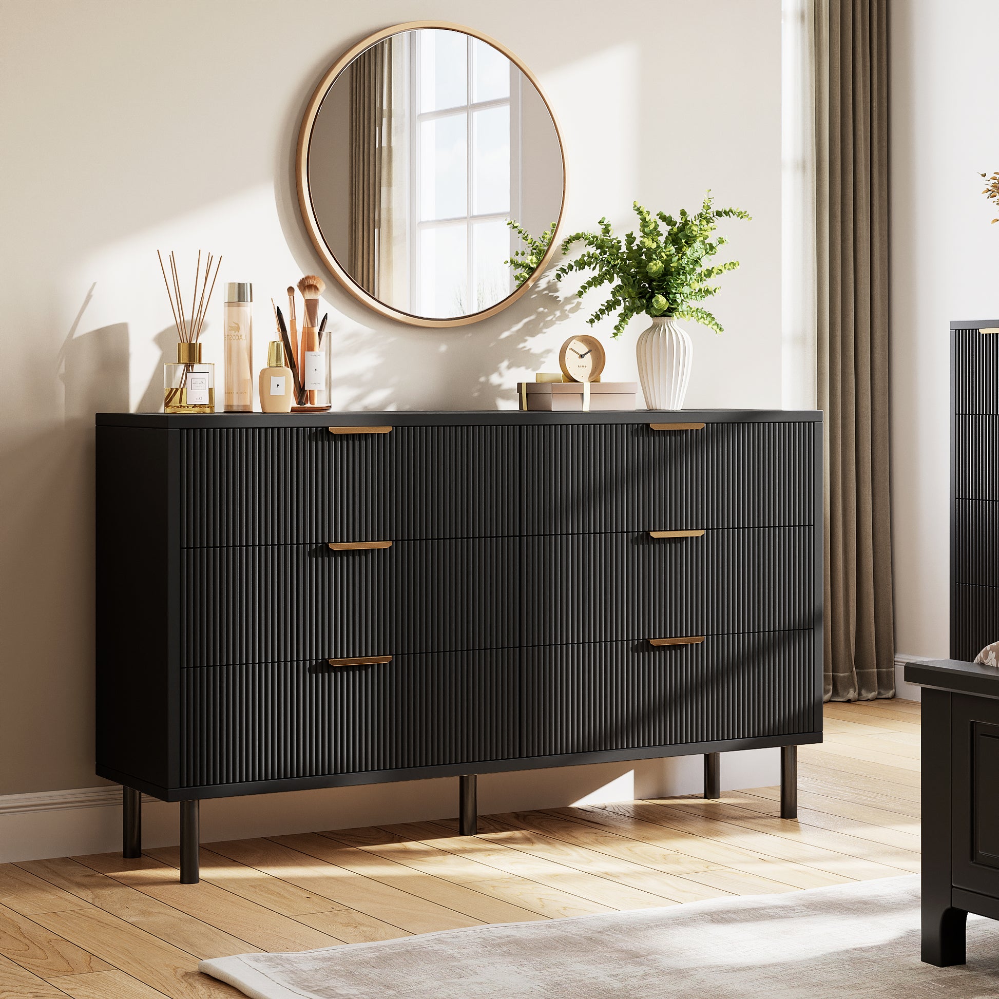Garvee Wave Fluted 55" Wide 6-Drawer Double Dresser - Modern Wood Chest of Drawers - Metal Legs & Handles - Anti-Tip Safety for Small Spaces, Black
