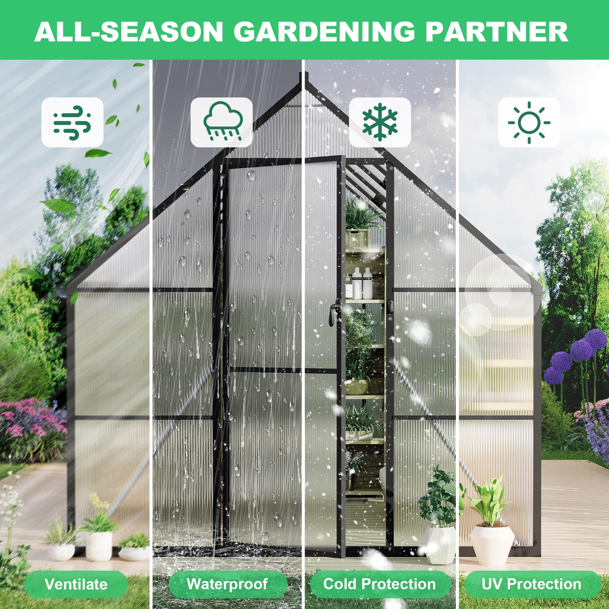 Garvee Heavy Duty Polycarbonate Greenhouse 8x10FT Outdoor Walk-In