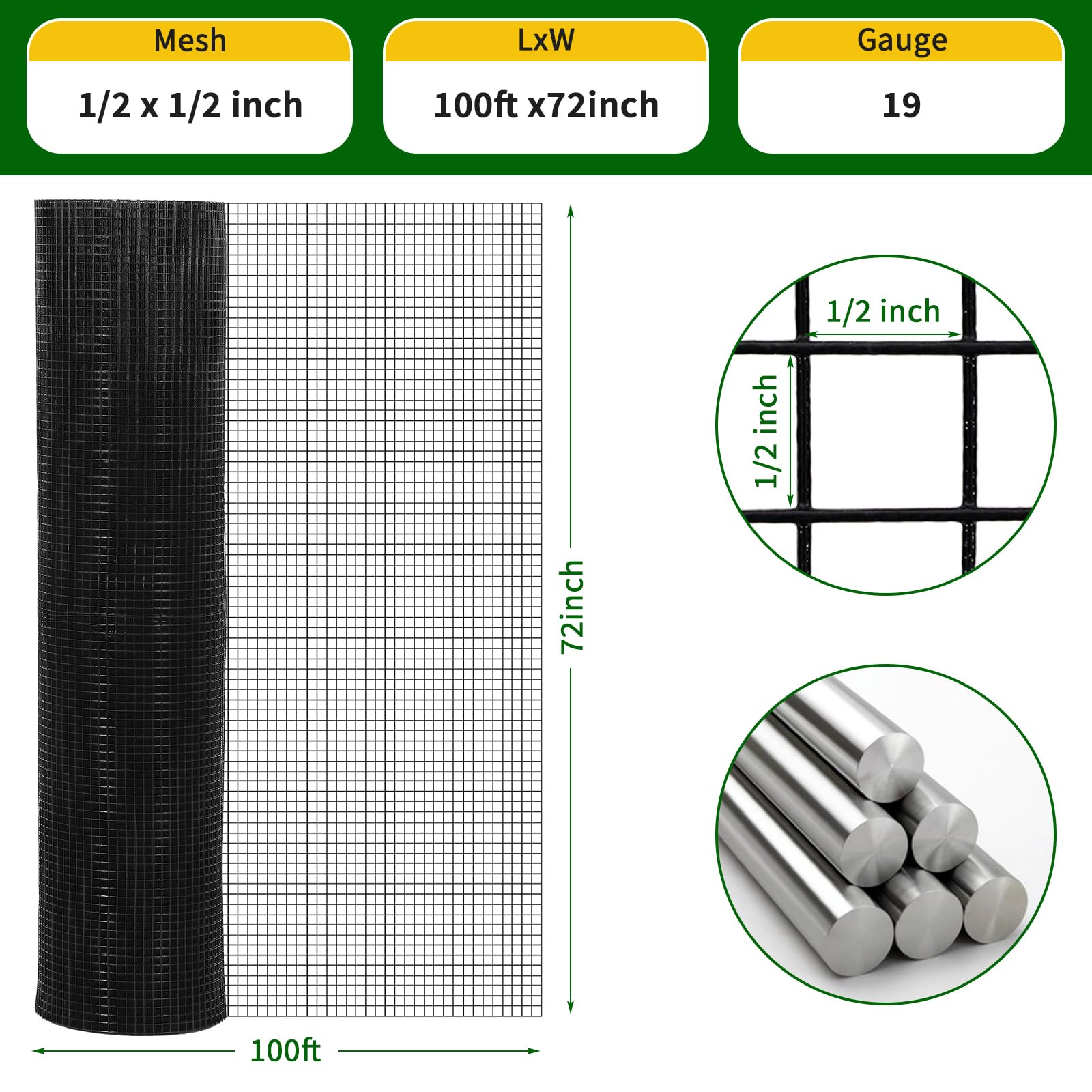 Garvee Hardware Cloth 1/2 Inch Mesh 19 Gauge Galvanized Steel Durable Black Vinyl Coated Garden Poultry Fence 72 Inx100 Ft with Gloves & Ties