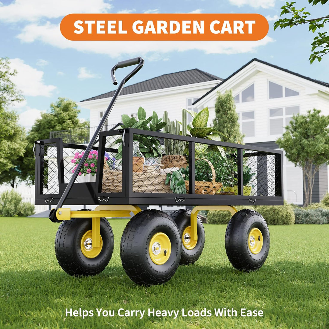 Garvee Garden Wagon 1200 Lbs Load Capacity Heavy-Duty Steel 10-Inch All-Terrain Tires Removable Mesh Panels 180° Rotating Handle Outdoor Use