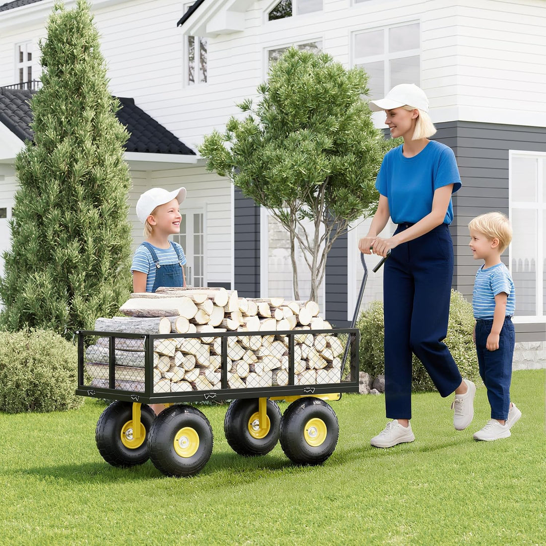 Garvee 500 Lbs Garden Wagon Heavy-Duty Steel Cart with 10" All-Terrain Tires, Removable Mesh Panels, 180° Rotating Handle for Outdoor Gardens