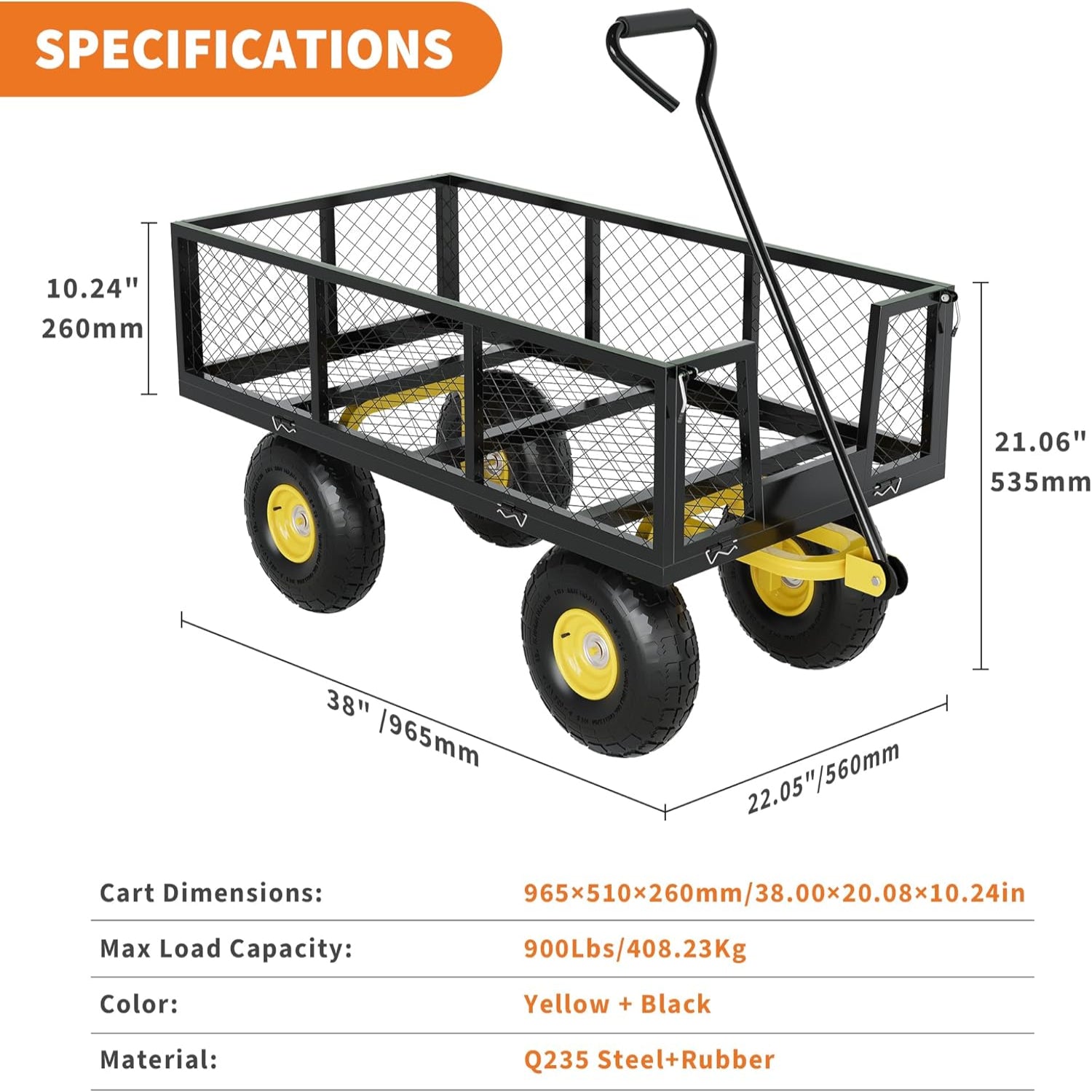 Garvee Garden Wagon 900 Lbs Load Capacity Heavy-Duty Steel 10-Inch All-Terrain Tires Removable Mesh Panels 180° Rotating Handle Outdoor Use