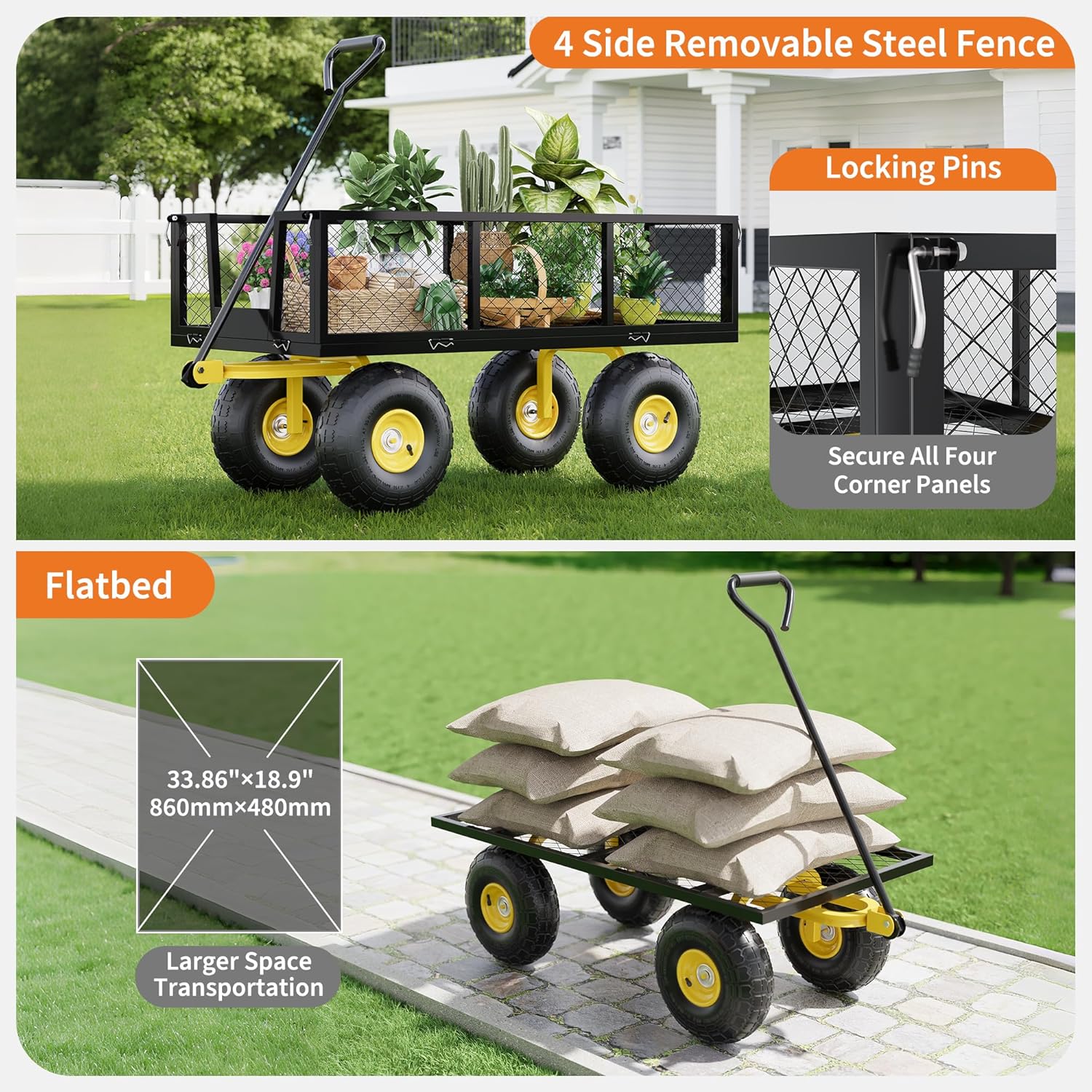 Garvee Garden Wagon 1200 Lbs Load Capacity Heavy-Duty Steel 10-Inch All-Terrain Tires Removable Mesh Panels 180° Rotating Handle Outdoor Use