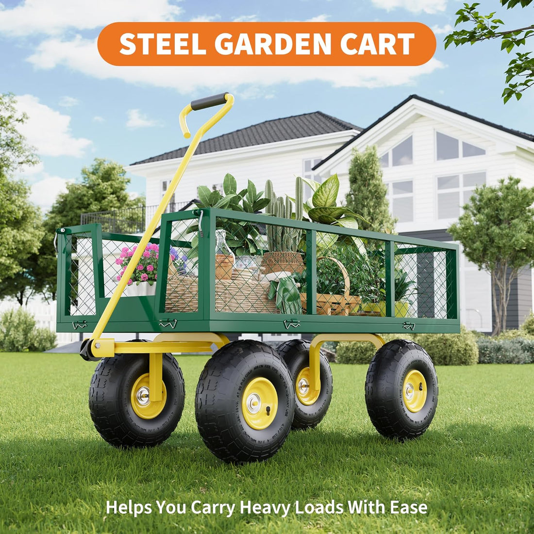 Garvee Garden Wagon 1200 Lbs Load Capacity Heavy-Duty Steel 10-Inch All-Terrain Tires Removable Mesh Panels 180° Rotating Handle Outdoor Use