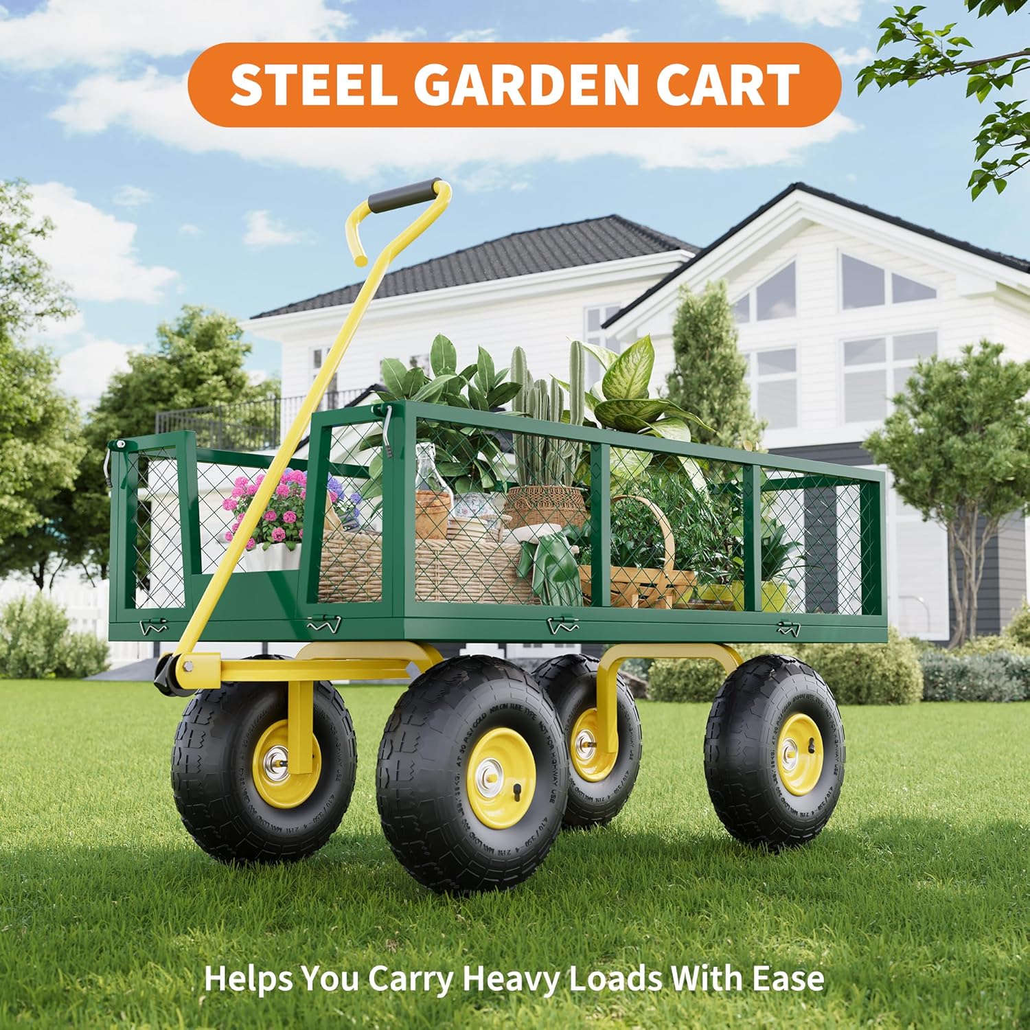Garvee 1400 Lbs Garden Wagon Heavy-Duty Steel Cart with 10" All-Terrain Tires, Removable Mesh Panels, 180° Rotating Handle for Outdoor Gardens