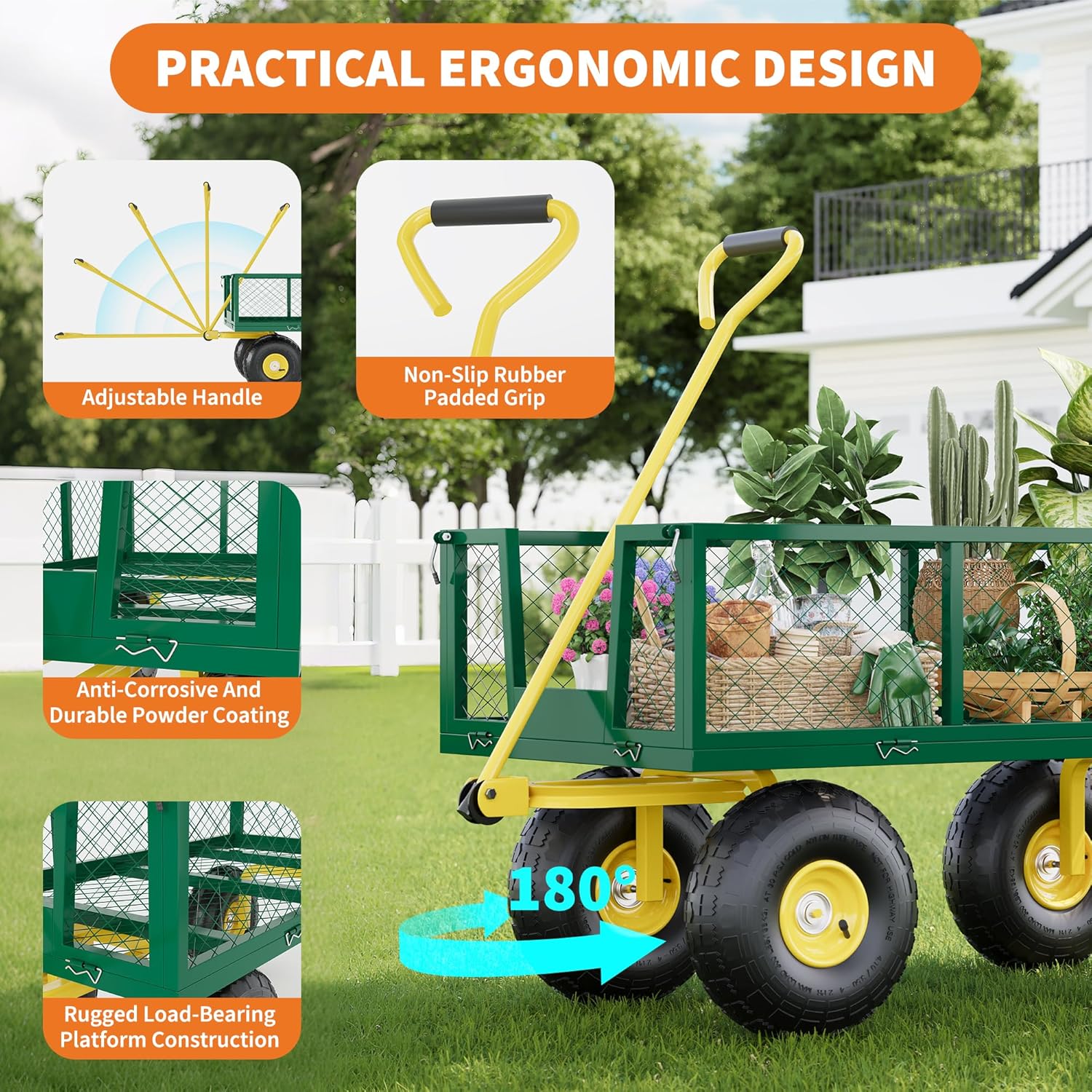 Garvee Garden Wagon 1200 Lbs Load Capacity Heavy-Duty Steel 10-Inch All-Terrain Tires Removable Mesh Panels 180° Rotating Handle Outdoor Use