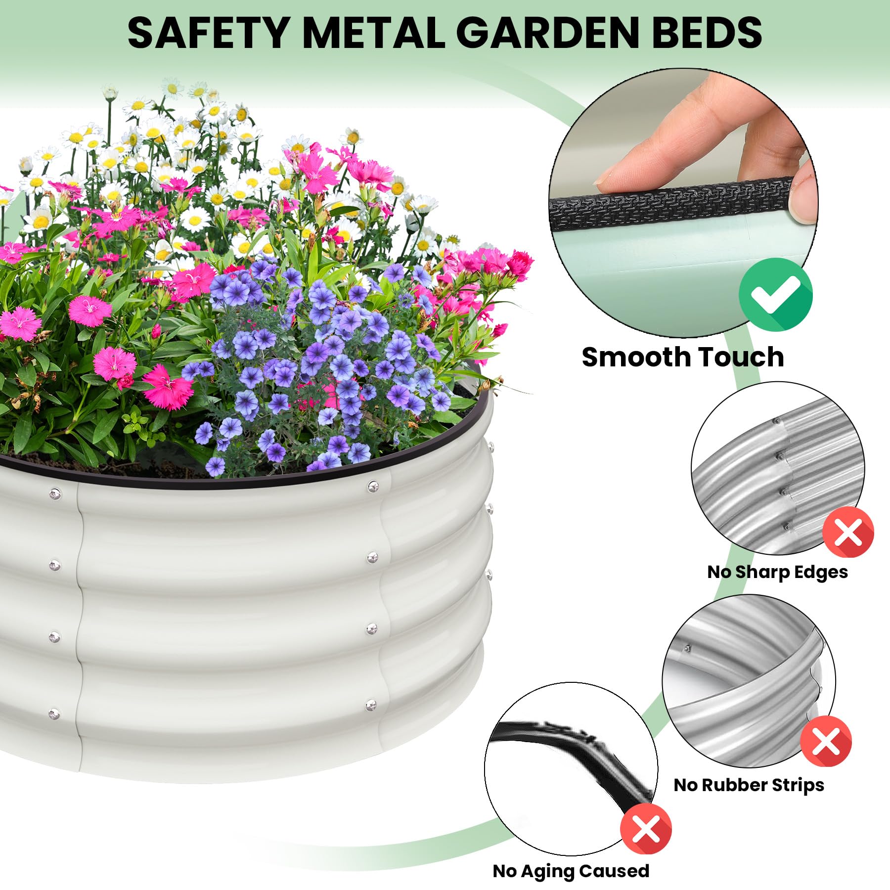 Garvee Round Galvanized Raised Garden Bed 2FT-4FT Durable Steel Wave Design Open Bottom Safety Corners Balcony Backyard