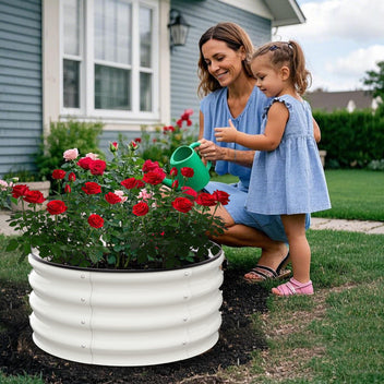 Garvee Round Galvanized Raised Garden Bed 2FT-4FT Durable Steel Wave Design Open Bottom Safety Corners Balcony Backyard