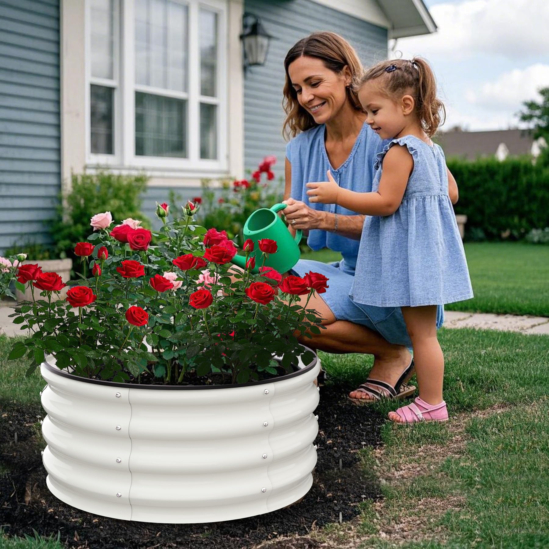 Garvee Round Galvanized Raised Garden Bed 2FT-4FT Durable Steel Wave Design Open Bottom Safety Corners Balcony Backyard