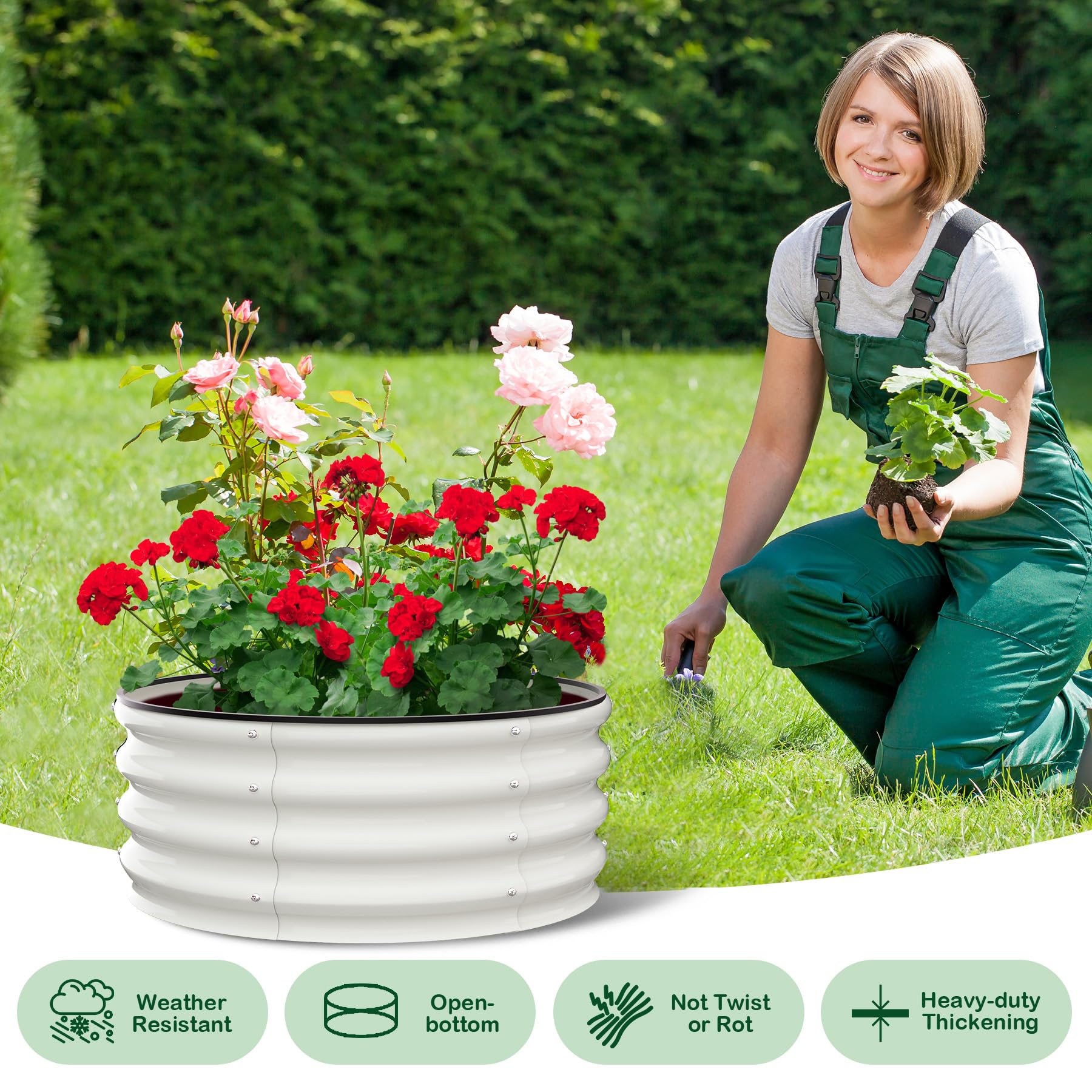 Garvee Round Galvanized Raised Garden Bed 2FT-4FT Durable Steel Wave Design Open Bottom Safety Corners Balcony Backyard