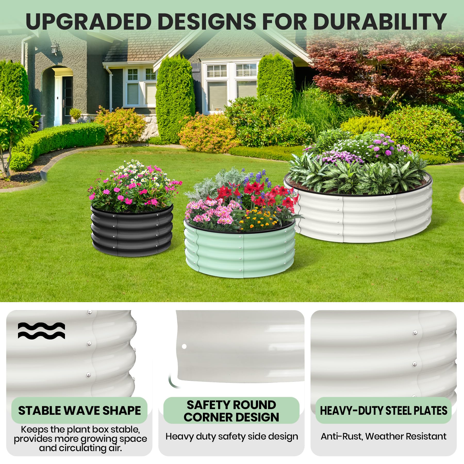 Garvee Round Galvanized Raised Garden Bed 2FT-4FT Durable Steel Wave Design Open Bottom Safety Corners Balcony Backyard