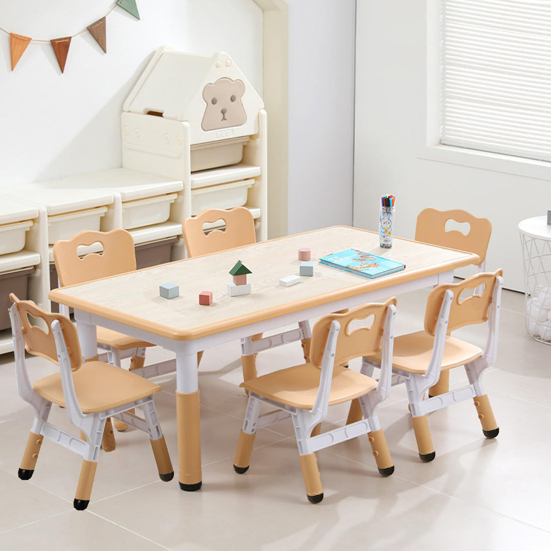 Garvee Kids 7 in 1 Table & Chairs Set in Ergonomic Design, Height Adjustable, Max 300lbs for Home & Classroom Use, Natural