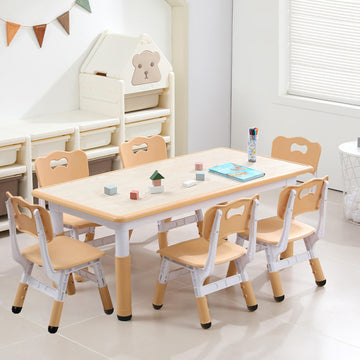 Garvee Kids 7 in 1 Table & Chairs Set in Ergonomic Design, Height Adjustable, Max 300lbs for Home & Classroom Use, Natural