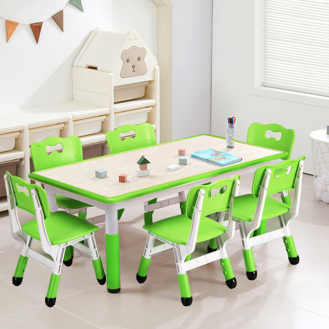 Garvee Kids 7 in 1 Table & Chairs Set in Ergonomic Design, Height Adjustable, Max 300lbs for Home & Classroom Use, Green
