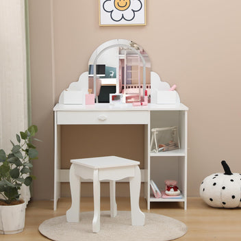 Garvee Kids Vanity with Lighted Mirror & Stool, 2 In 1 Little Girls Vanity and Wooden Makeup Playset with Adjustable LED Light, Storage Drawer & Shelves for Girls 3-9, White