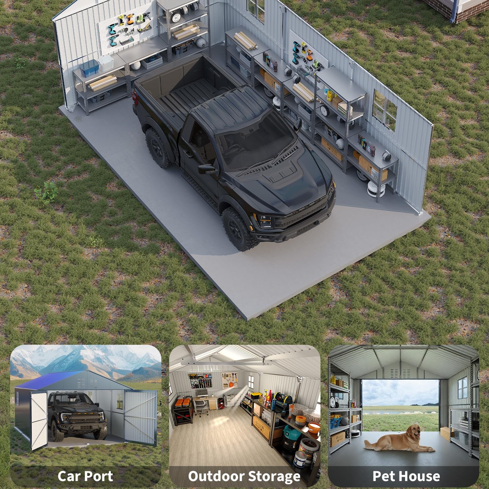 Garvee All-Weather Metal Carport 12x20 FT - Reinforced Frame & Steel Roof - Permanent Outdoor Garage Outdoor Storage for Pickup Trucks, Bass Boats, Tractors - Durable Storage Shelter, Carport, Car Outdoor Storage