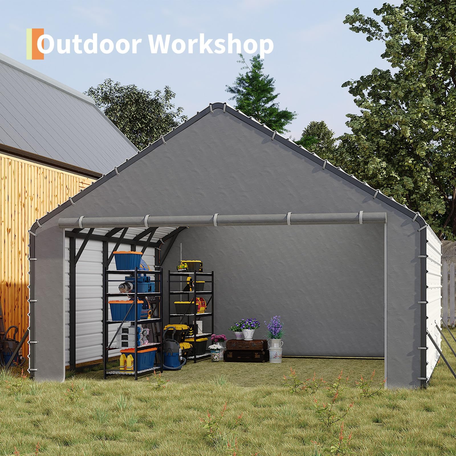 Garvee 20'x20'x13' Enclosed Metal Carport for 2 Cars, Heavy Duty Steel Frame for All Weather, Permanent Shelter for Boats, Full-Sized Pickup Trucks, and Tractors, N.W. 1,000 Lbs