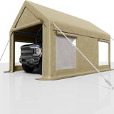 Garvee 13x20 Ft Carport with 220g PE Tarp, Roll-Up Doors, Galvanized Steel Frame, Sandbags, Windows, for Pickups & SUVs Outdoor Events - Khaki