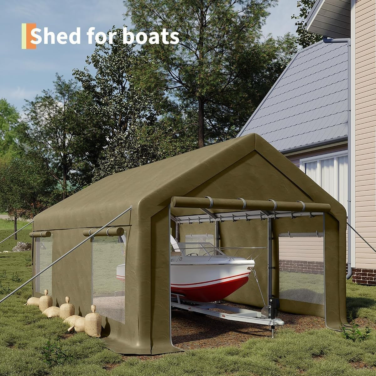 Garvee 13x20 Ft Carport with 220g PE Tarp, Roll-Up Doors, Galvanized Steel Frame, Sandbags, Windows, for Pickups & SUVs Outdoor Events