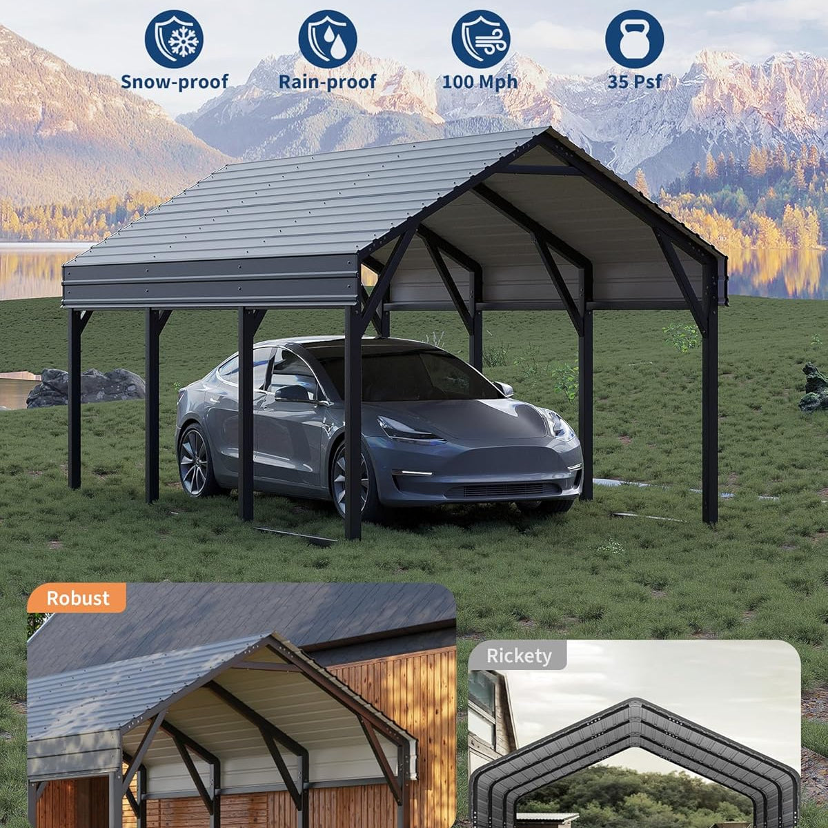 Garvee 10x15 FT Metal Carport, Reinforced Frame and Steel Roof for All-Weather Use, Permanent Shelter for Bass Boats, Full-Sized Pickup Trucks, and Tractors
