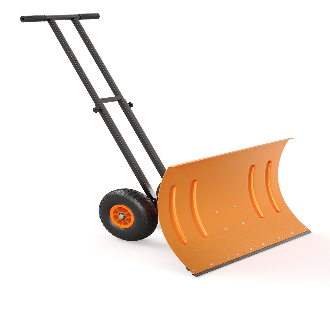 Garvee 29" Snow Pusher Shovel with Wheels - Heavy Duty Steel, 5-Position Adjustable Blade, Ergonomic Handle, Anti-Skid Wheels, Powder-Coated, Orange, for Driveway & Sidewalk