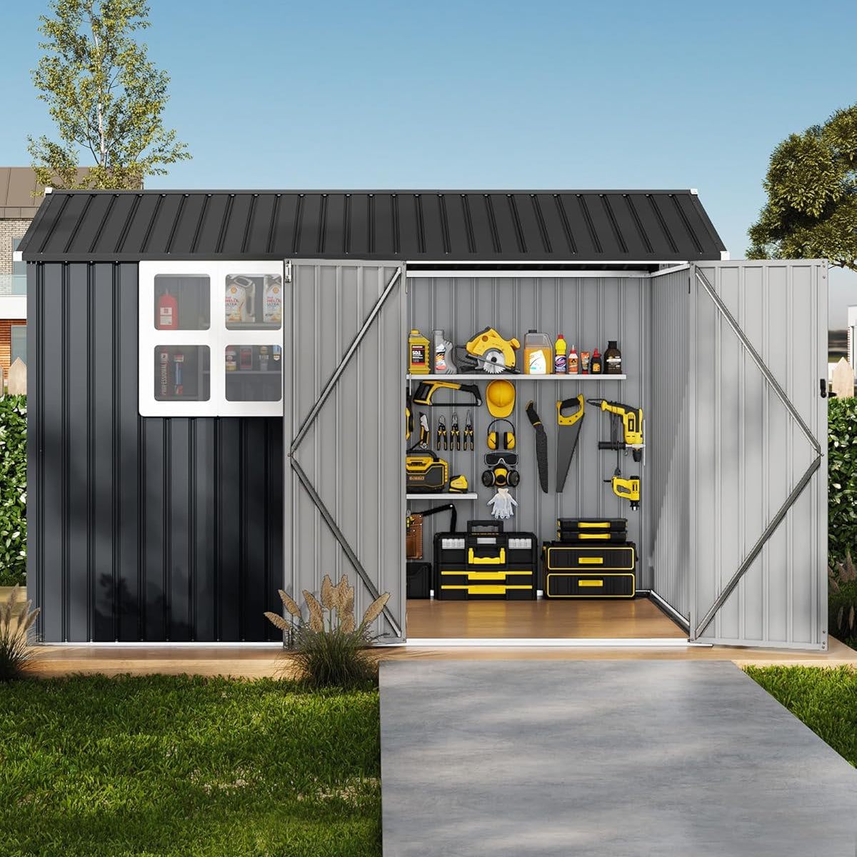 Garvee 8x10 ft Outdoor Metal Storage Shed with Lockable Doors, Windows, Galvanized Steel, Sloped Roof, Ventilation, Dark Gray, Backyard Garden Patio