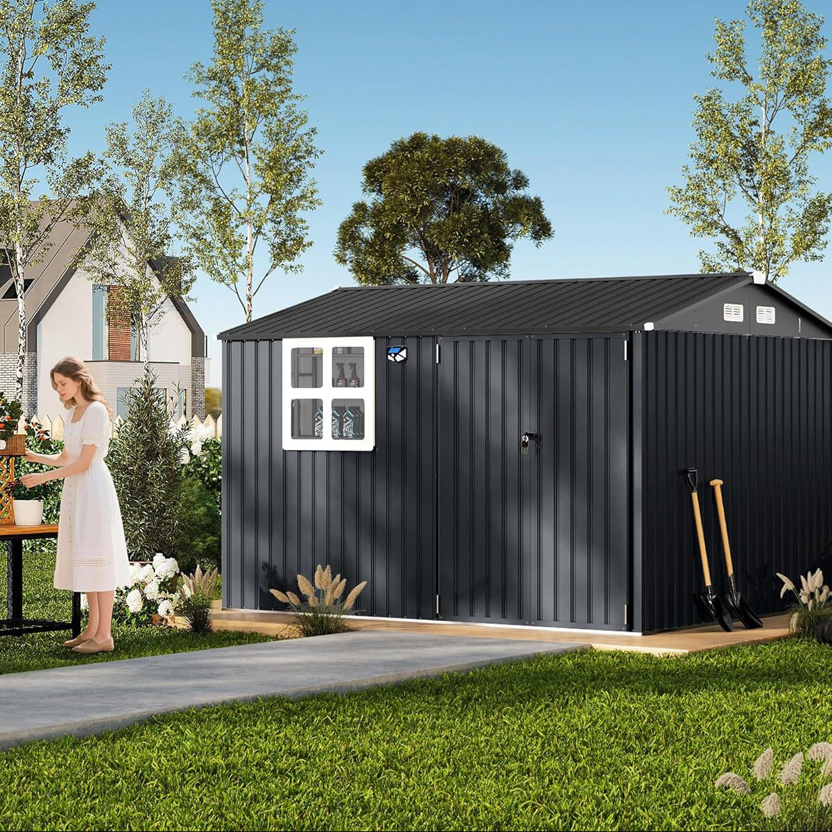 Garvee 8x10 ft Outdoor Metal Storage Shed with Lockable Doors, Windows, Galvanized Steel, Sloped Roof, Ventilation, Dark Gray, Backyard Garden Patio