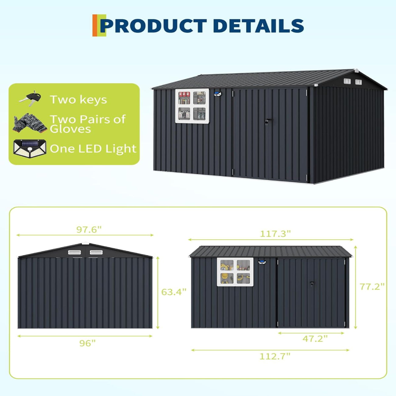 Garvee 8x10 ft Outdoor Metal Storage Shed with Lockable Doors, Windows, Galvanized Steel, Sloped Roof, Ventilation, Dark Gray, Backyard Garden Patio