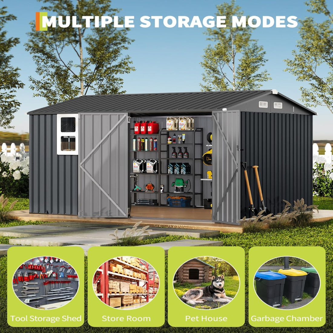 Garvee 8x10 ft Outdoor Metal Storage Shed with Lockable Doors, Windows, Galvanized Steel, Sloped Roof, Ventilation, Dark Gray, Backyard Garden Patio