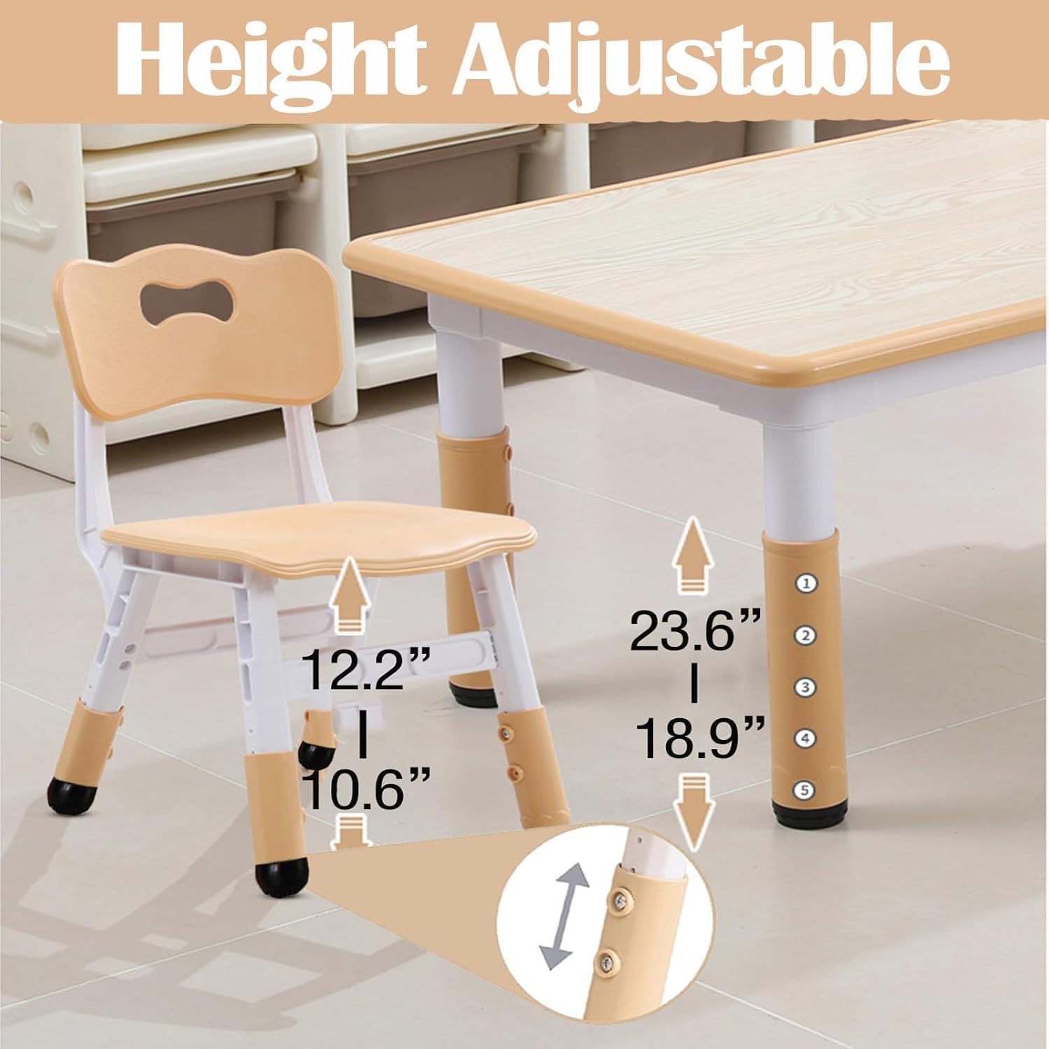Garvee Kids 7 in 1 Table & Chairs Set in Ergonomic Design, Height Adjustable, Max 300lbs for Home & Classroom Use, Natural