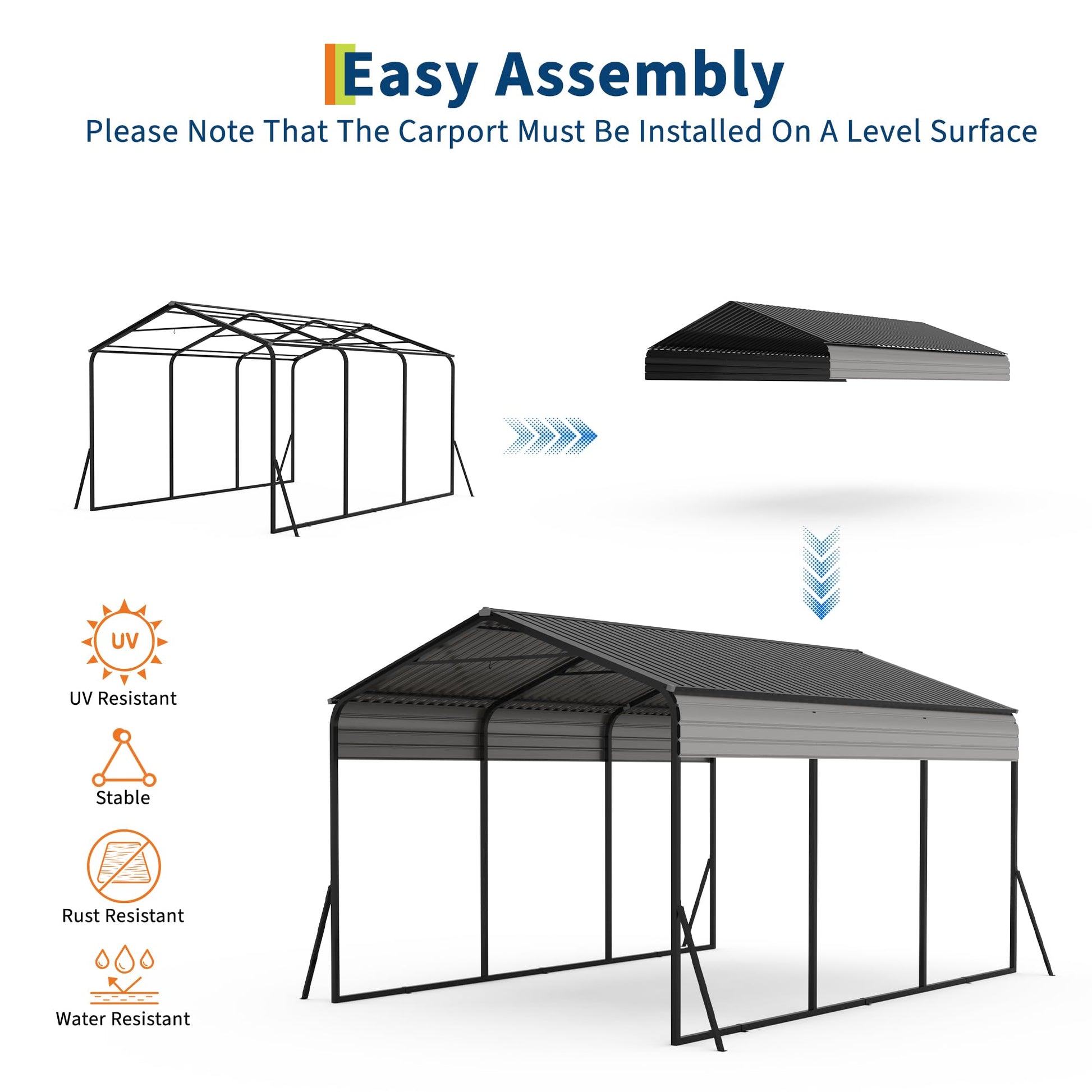 Garvee 10×15 FT Heavy Duty Metal Carport with Galvanized Steel Frame, All-Weather Outdoor Car Shelter for Cars, Trucks, Boats, Vehicles & Equipment, Outdoor Galvanized Shelter (Shipped in 2 packages)