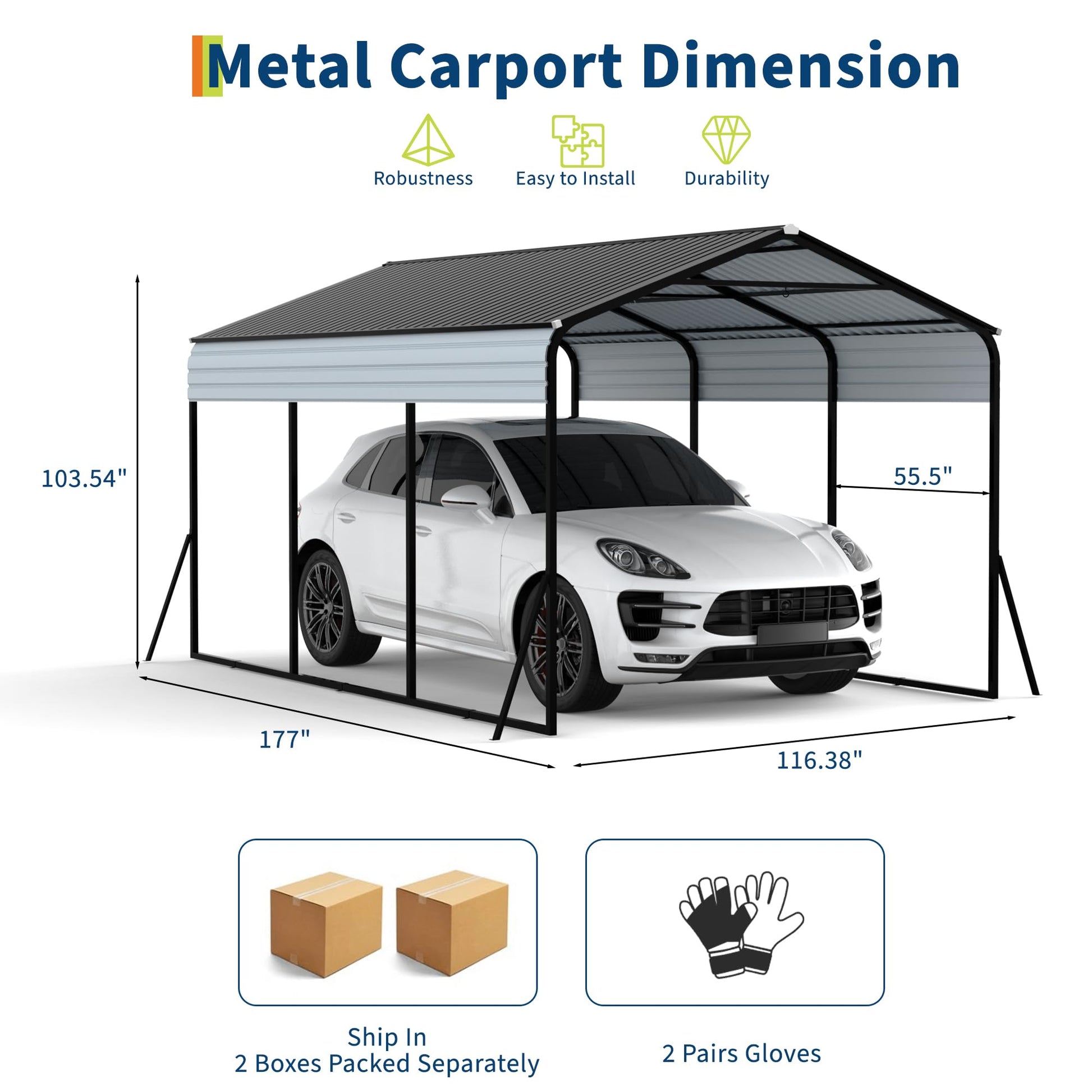 Garvee 10×15 FT Heavy Duty Metal Carport with Galvanized Steel Frame, All-Weather Outdoor Car Shelter for Cars, Trucks, Boats, Vehicles & Equipment, Outdoor Galvanized Shelter (Shipped in 2 packages)