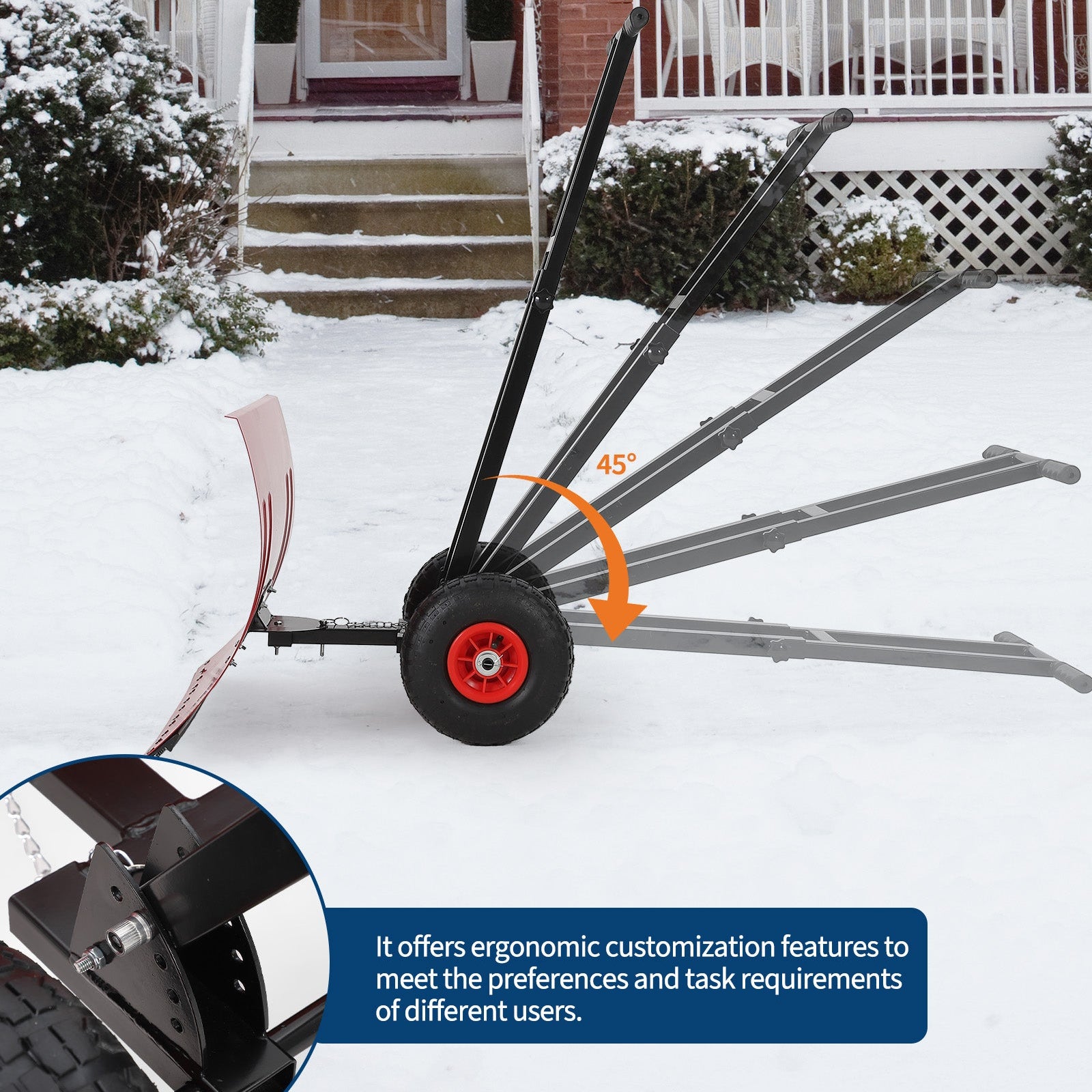 Garvee Snow Shovel with 7-Position Angled Blade & Adjustable Handle, Heavy Duty Metal Snow Pusher Shovel with Wheels for Driveway, Doorway, Sidewalk, Pavement