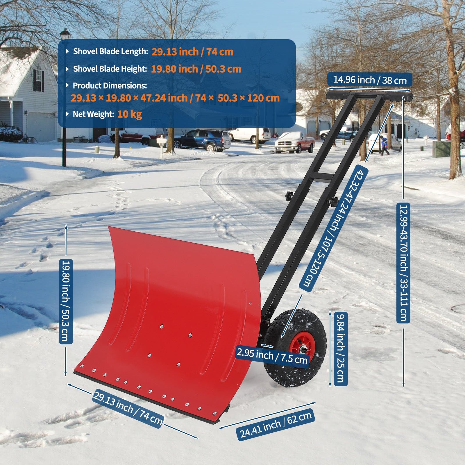 Garvee Snow Shovel with 7-Position Angled Blade & Adjustable Handle, Heavy Duty Metal Snow Pusher Shovel with Wheels for Driveway, Doorway, Sidewalk, Pavement