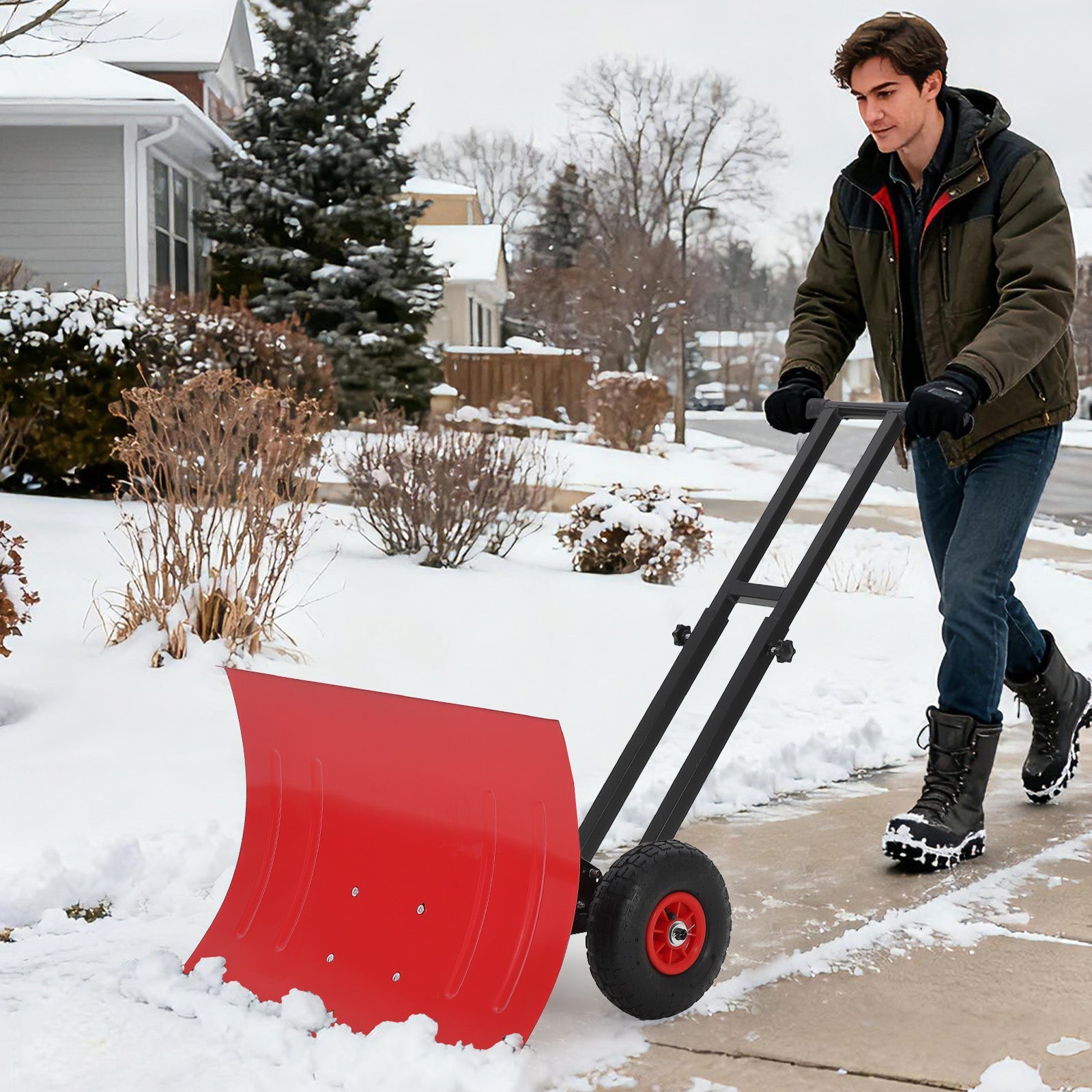 Garvee Snow Shovel with 7-Position Angled Blade & Adjustable Handle, Heavy Duty Metal Snow Pusher Shovel with Wheels for Driveway, Doorway, Sidewalk, Pavement