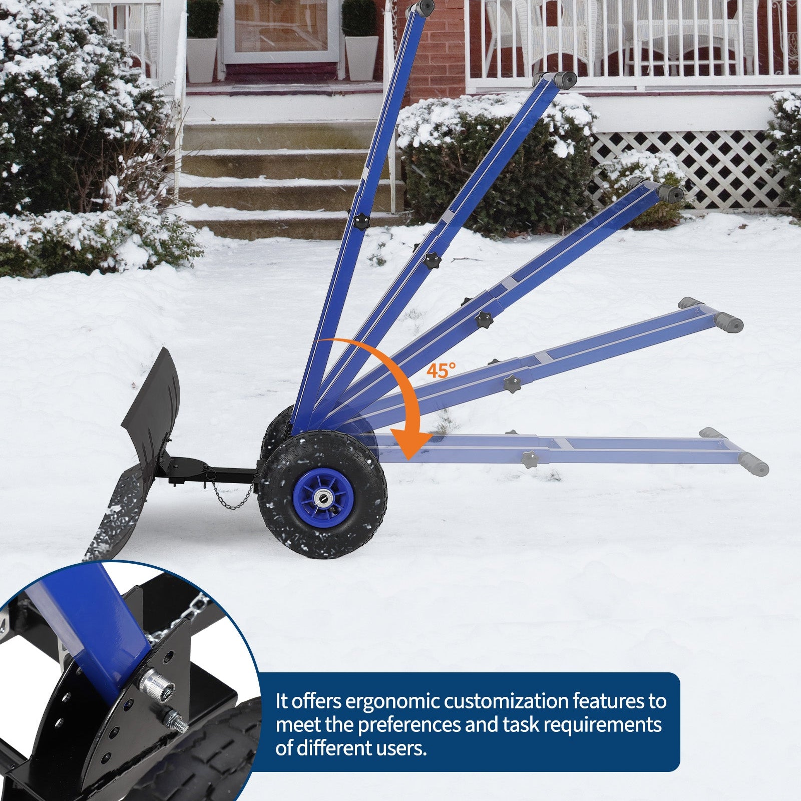 Garvee Snow Shovel with 7-Position Angled Blade & Adjustable Handle, Heavy Duty Metal Snow Pusher Shovel with Wheels for Driveway, Doorway, Sidewalk, Pavement