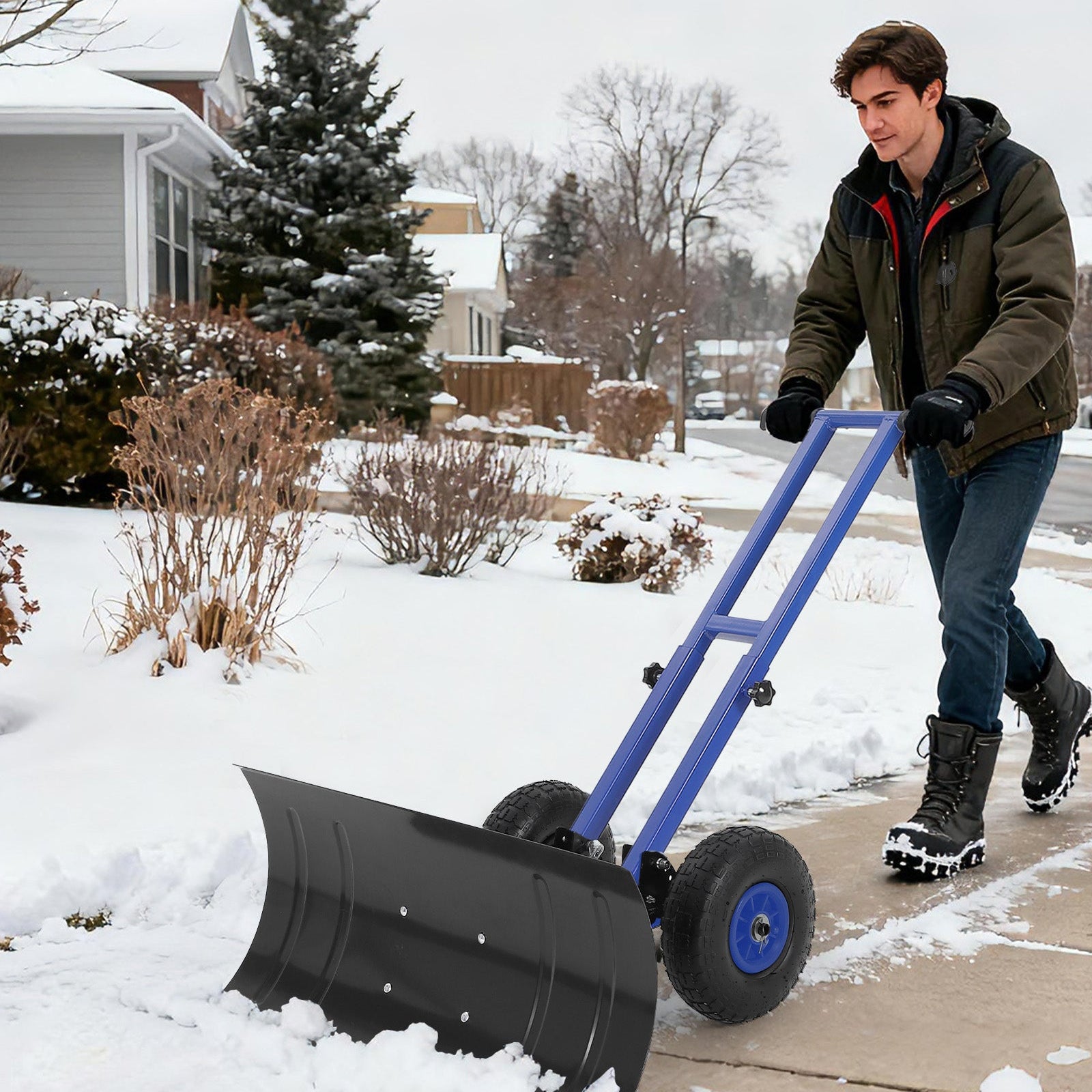 Garvee Snow Shovel with 7-Position Angled Blade & Adjustable Handle, Heavy Duty Metal Snow Pusher Shovel with Wheels for Driveway, Doorway, Sidewalk, Pavement