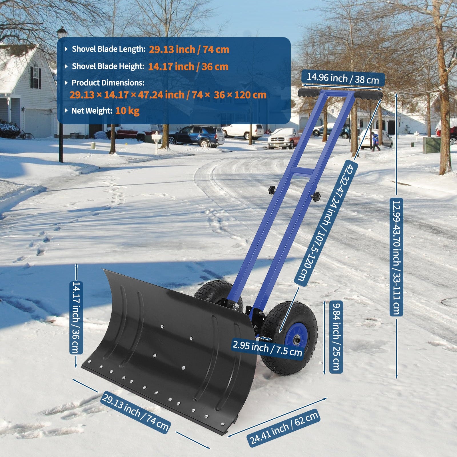 Garvee Snow Shovel with 7-Position Angled Blade & Adjustable Handle, Heavy Duty Metal Snow Pusher Shovel with Wheels for Driveway, Doorway, Sidewalk, Pavement