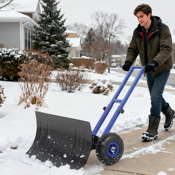 Garvee 29"W X 16"H Snow Shovel with Wheels Heavy Duty Carbon Steel 29" Metal Blade Adjustable Handle & Angle Anti-Slip Pneumatic Wheels for Driveways Sidewalks