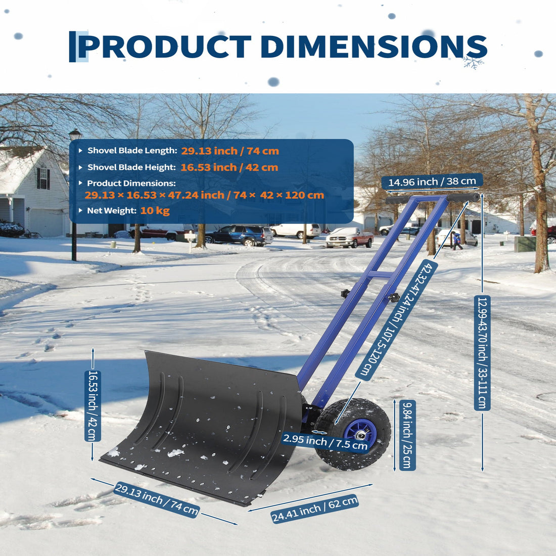 Garvee 29"W X 19.8"H Snow Shovel with Wheels, Carbon Steel, 29" Metal Blade, Adjustable Handle & Angles, Double Rod Design, Anti-Slip Grip, Pneumatic Wheels, Driveway & Yard