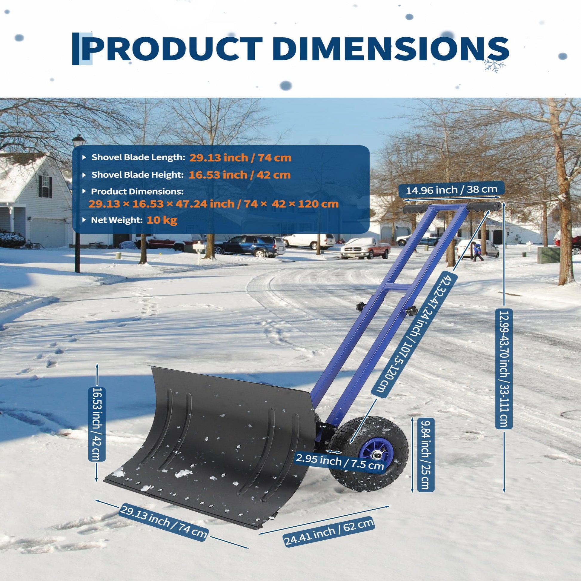 Garvee Snow Shovel with Wheels Heavy Duty Carbon Steel 29" Metal Blade Adjustable Handle & Angle Anti-Slip Pneumatic Wheels for Driveways Sidewalks