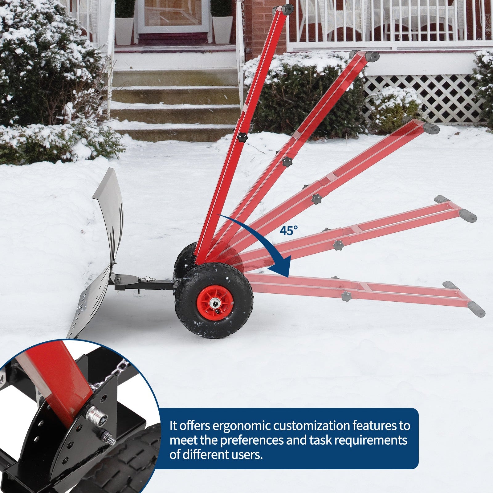 Garvee 29"Snow Pusher Shovel with Wheels,Heavy Duty Steel Snow Shovel with Wheels,Angled Blade Efficient Snow Removal With5-Position Angled Blade & Adjustable Handle for Doorway, Sidewalk