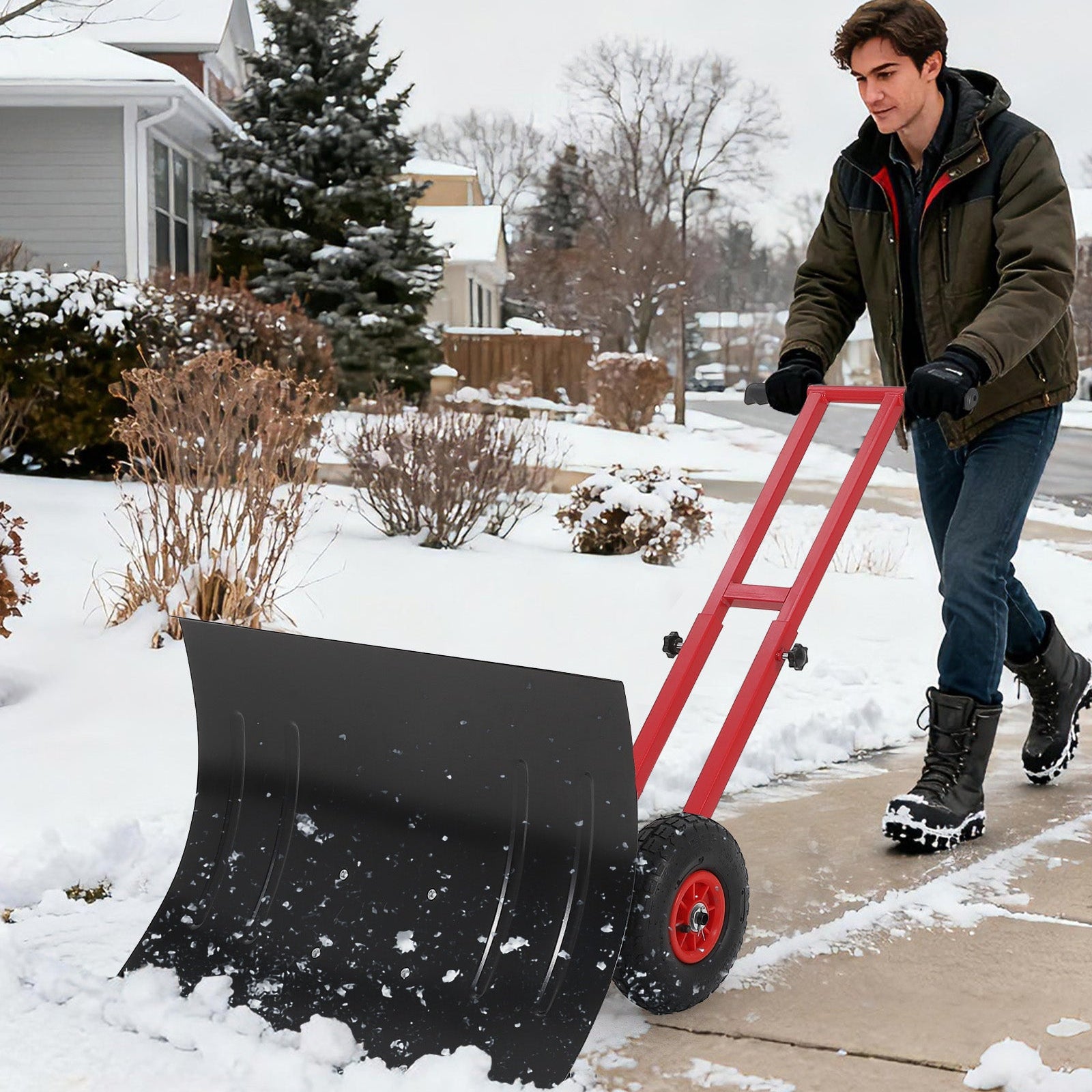 Garvee 29"Snow Pusher Shovel with Wheels,Heavy Duty Steel Snow Shovel with Wheels,Angled Blade Efficient Snow Removal With5-Position Angled Blade & Adjustable Handle for Doorway, Sidewalk