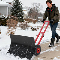 Garvee 29"Snow Pusher Shovel with Wheels,Heavy Duty Steel Snow Shovel with Wheels,Angled Blade Efficient Snow Removal With5-Position Angled Blade & Adjustable Handle for Doorway, Sidewalk