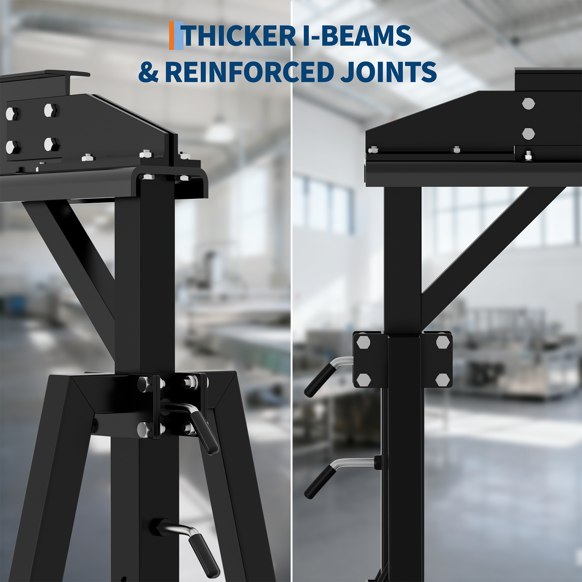 Close-up of the gantry crane beam connections, diagonal braces, and height adjustment pins