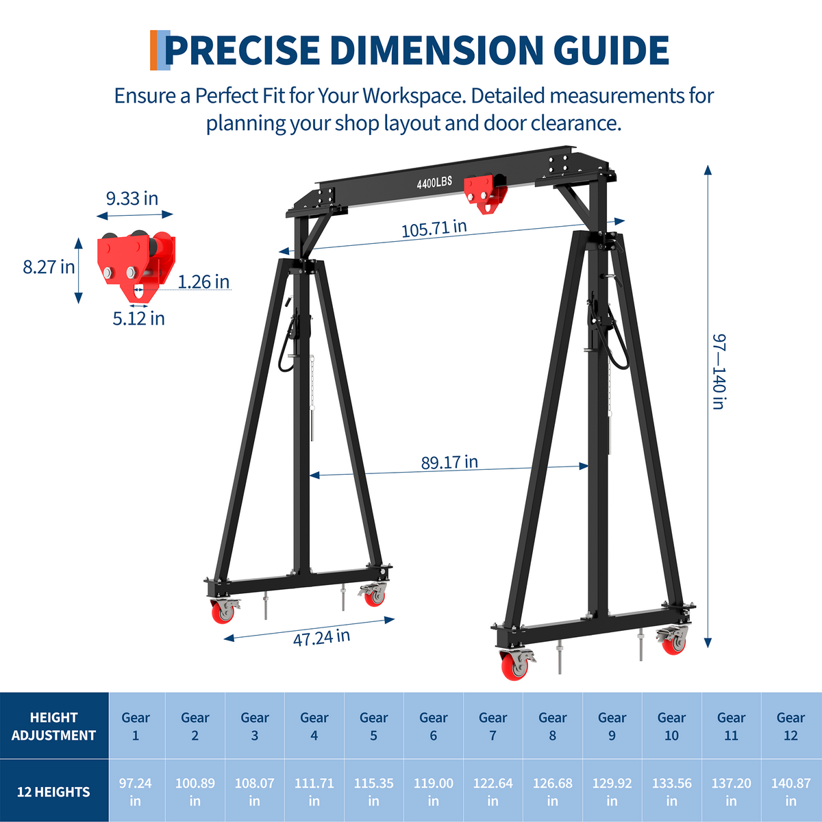 Gantry crane dimension illustration with frame measurements and a 12-position height chart