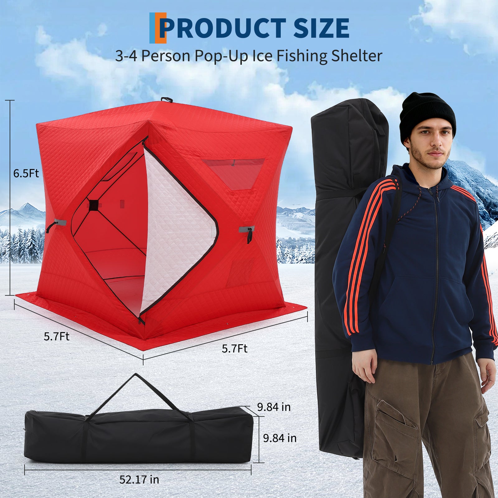 Garvee Pop-up Ice Fishing Shelter 3-4 Person, 3-Layer Insulated Ice Fishing Tent with 2 Doors & 2 Windows, Windproof Warm Portable Ice Shanty with Carrying Bag, 6 Ground Stakes & 6 Ropes