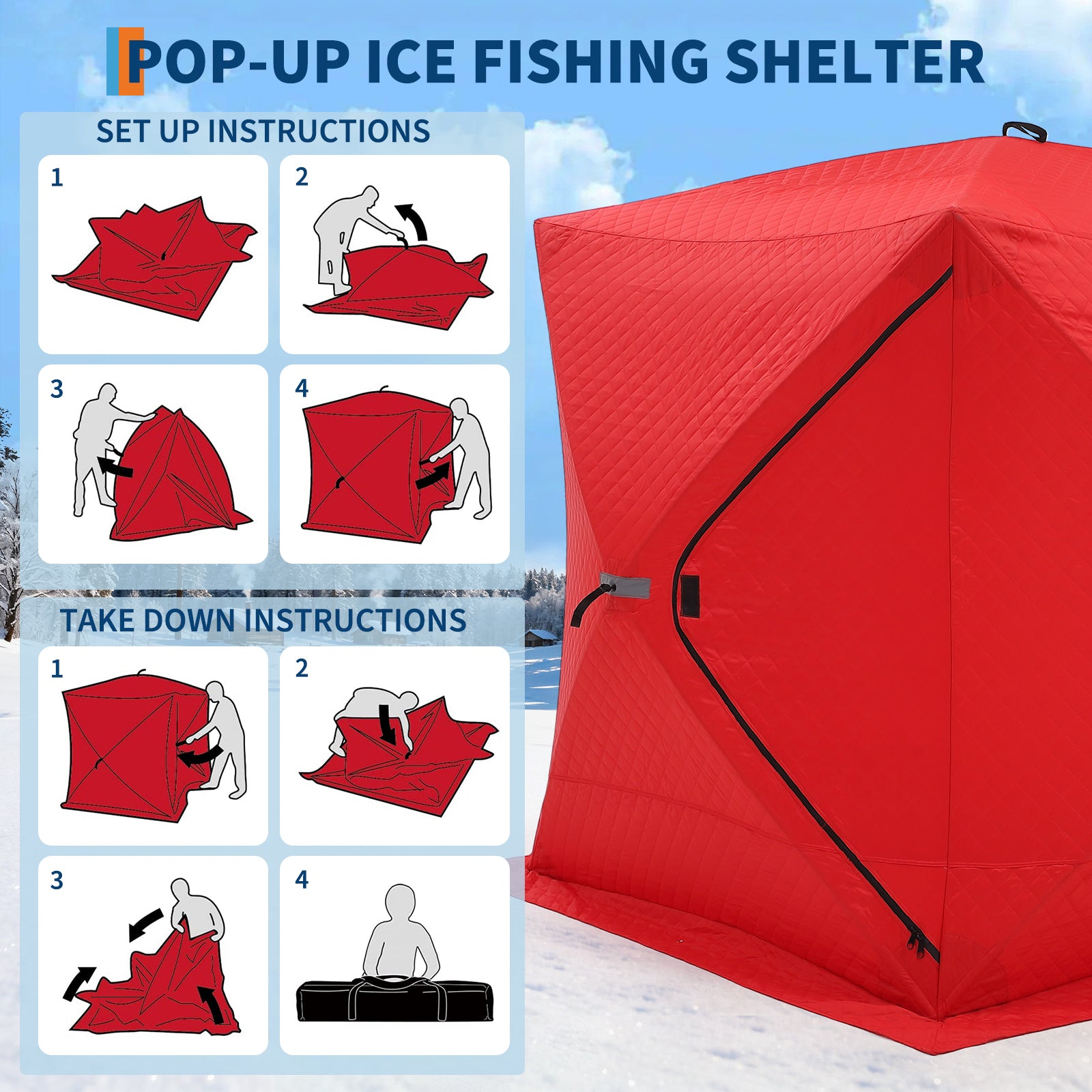 Garvee Pop-up Ice Fishing Shelter 3-4 Person, 3-Layer Insulated Ice Fishing Tent with 2 Doors & 2 Windows, Windproof Warm Portable Ice Shanty with Carrying Bag, 6 Ground Stakes & 6 Ropes